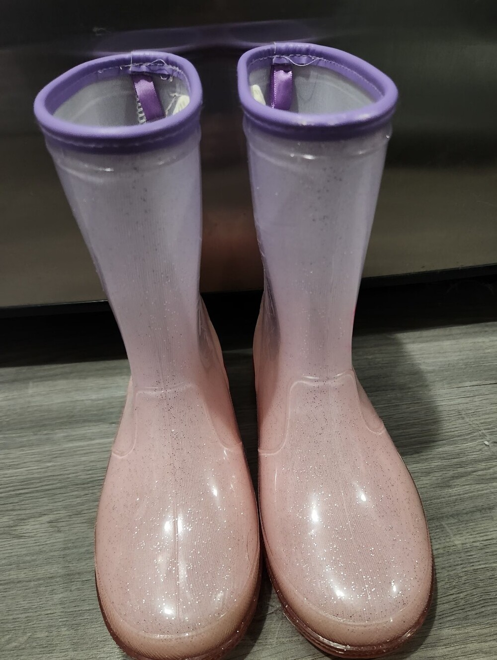Pink Rose Girls Pink Glitter Rain Boots with Purple Trim